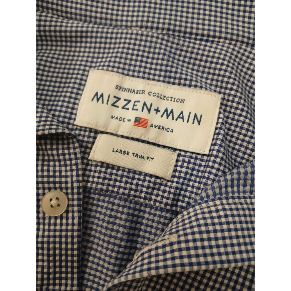 Mizzen & Main Shirt Men LARGE Blue Gingham Check Trim Fit Performance Button Up - Picture 1 of 5
